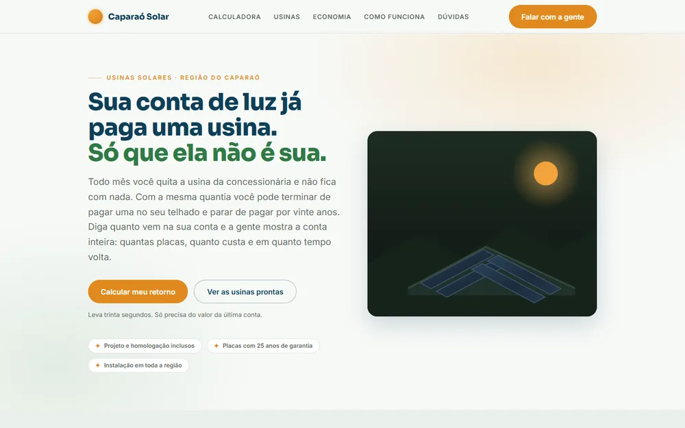 Site de energia solar com calculadora que dimensiona a usina e estima o tempo de retorno