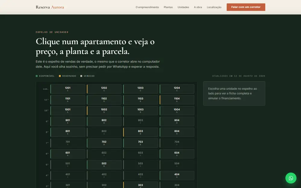 Site de lançamento com espelho de unidades e simulador de financiamento