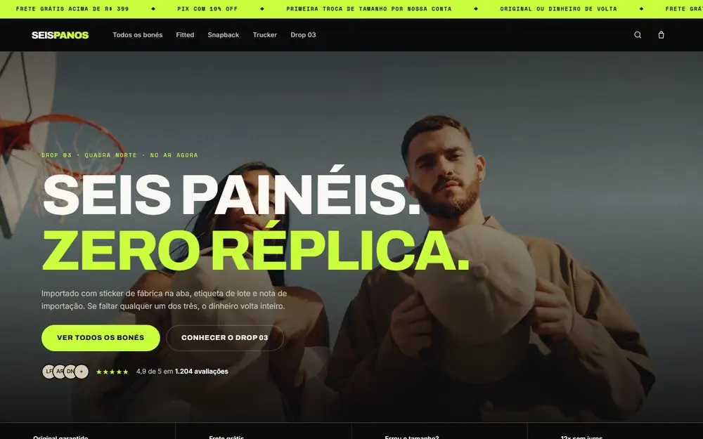 Loja de bonés importados com catálogo filtrável, carrinho e checkout
