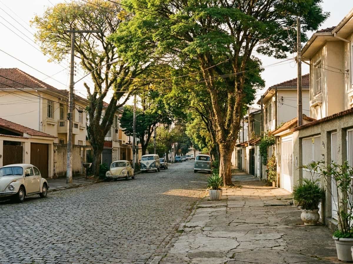 Rua arborizada em frente ao terreno do empreendimento