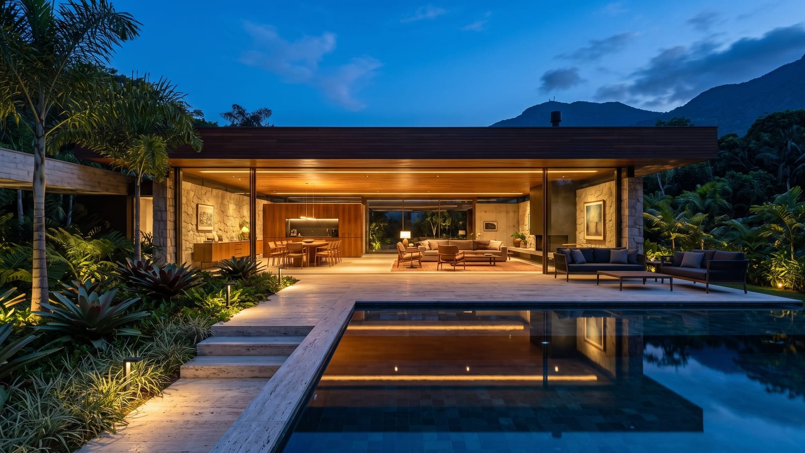 Casa contemporânea de alto padrão ao anoitecer, vista do jardim com piscina