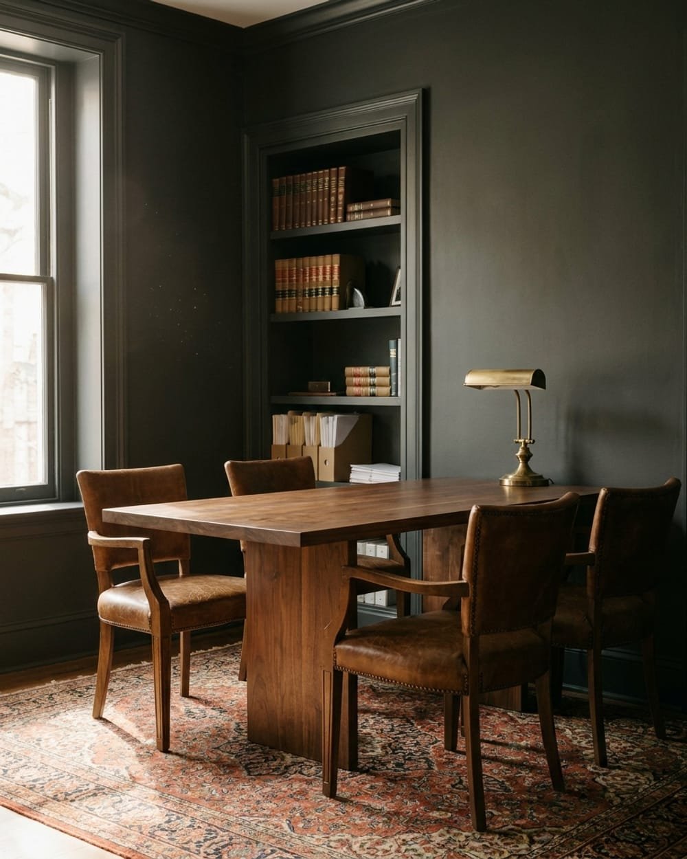 Escritório da Vértice, com mesa de reunião e estante de madeira