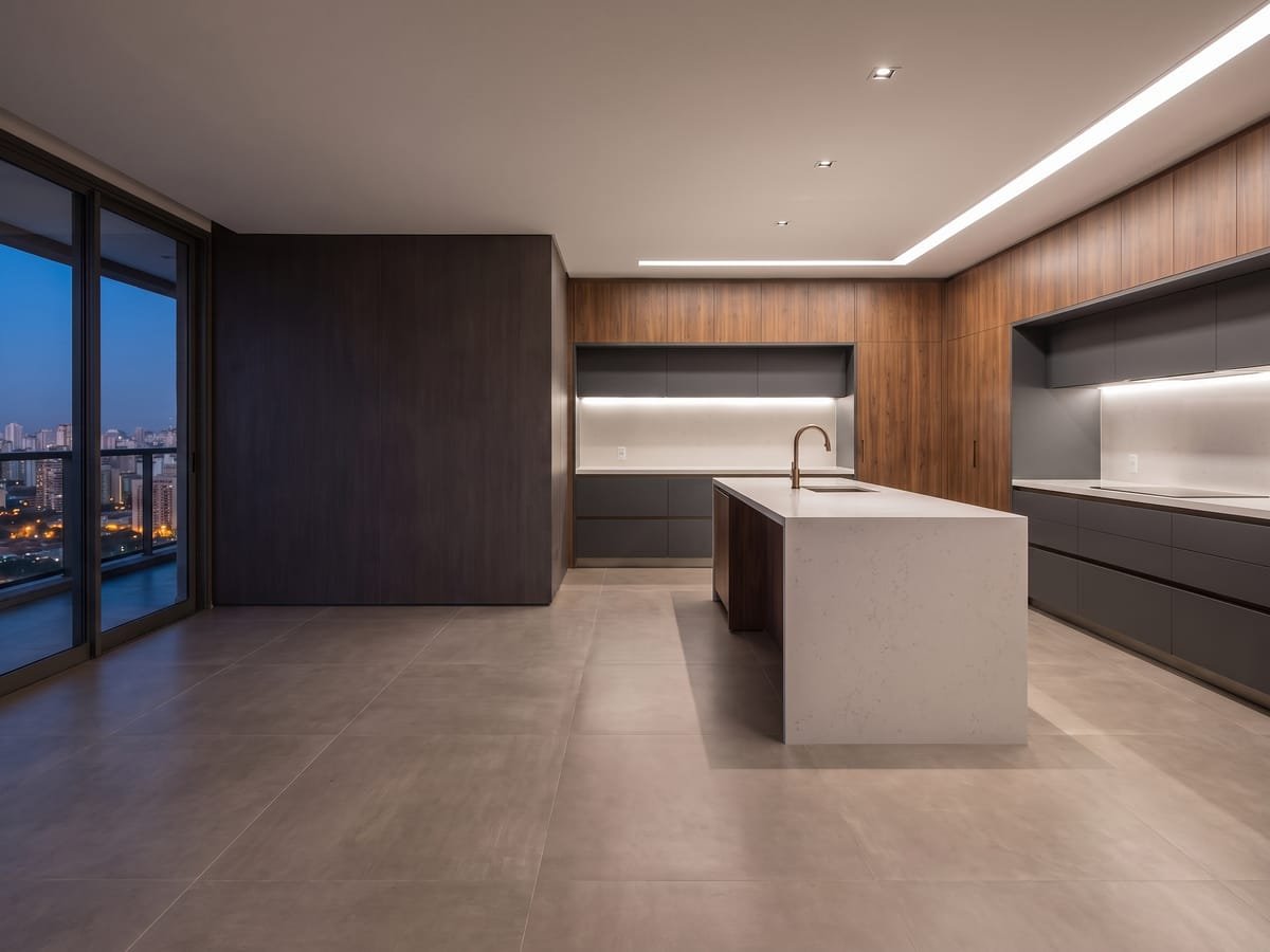 Cozinha em laca fosca e lâmina natural com iluminação sob os armários