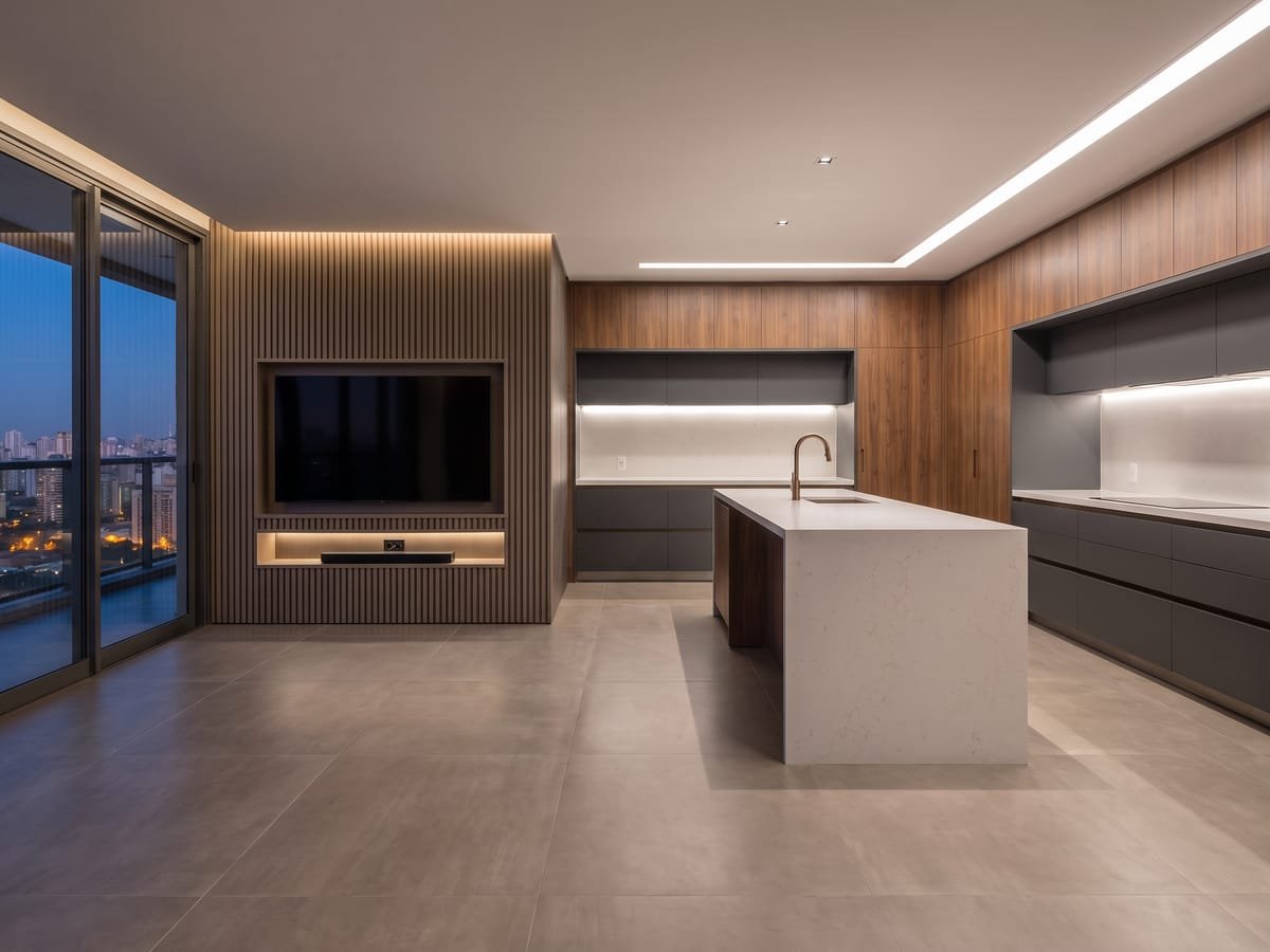 Home theater com painel ripado, nichos e cabeamento oculto