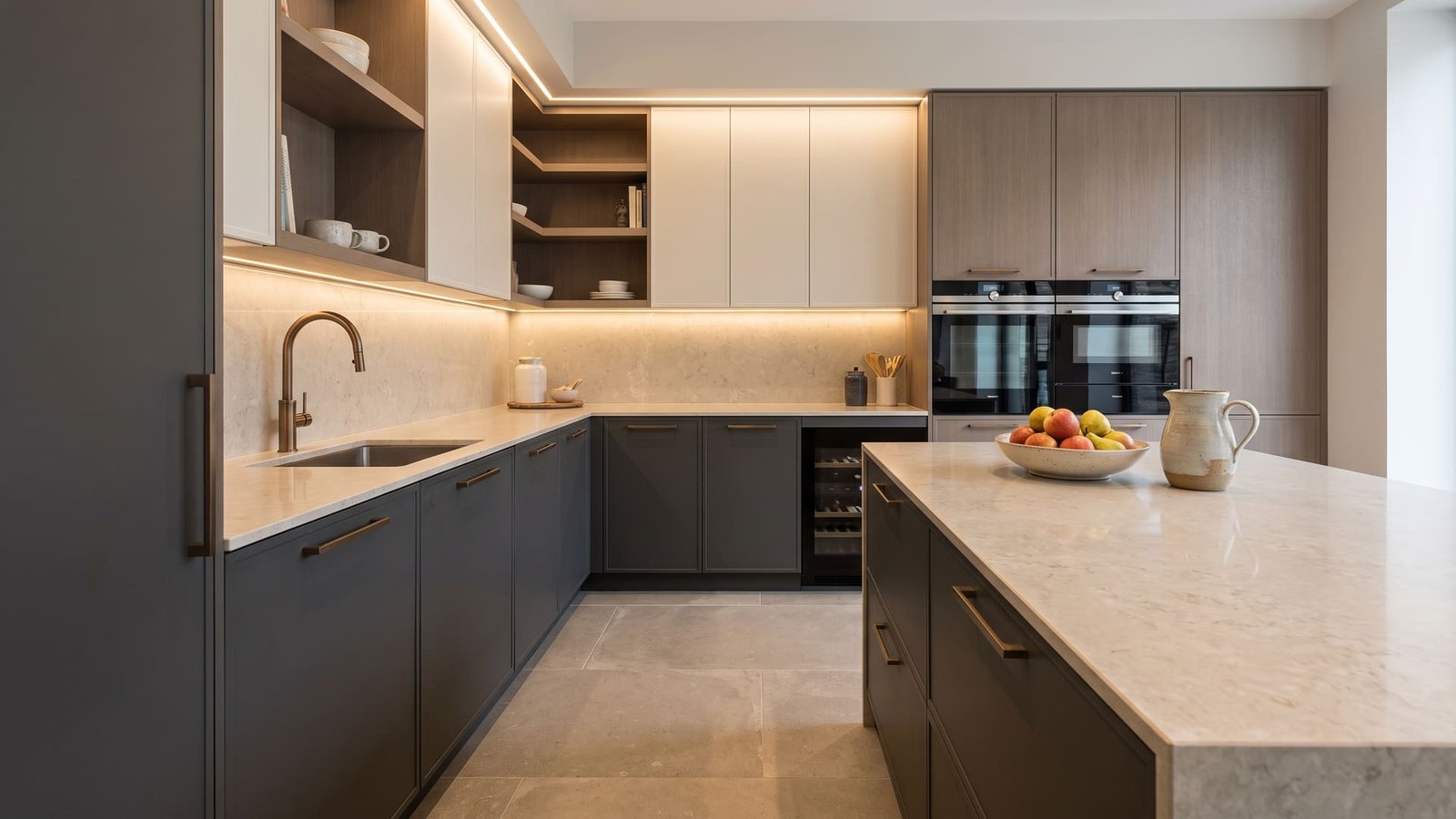 Cozinha completa montada, com eletrodomésticos embutidos