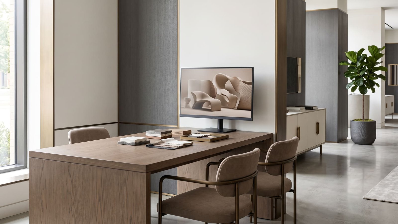Mesa de atendimento com monitor de projeto e amostras de acabamento