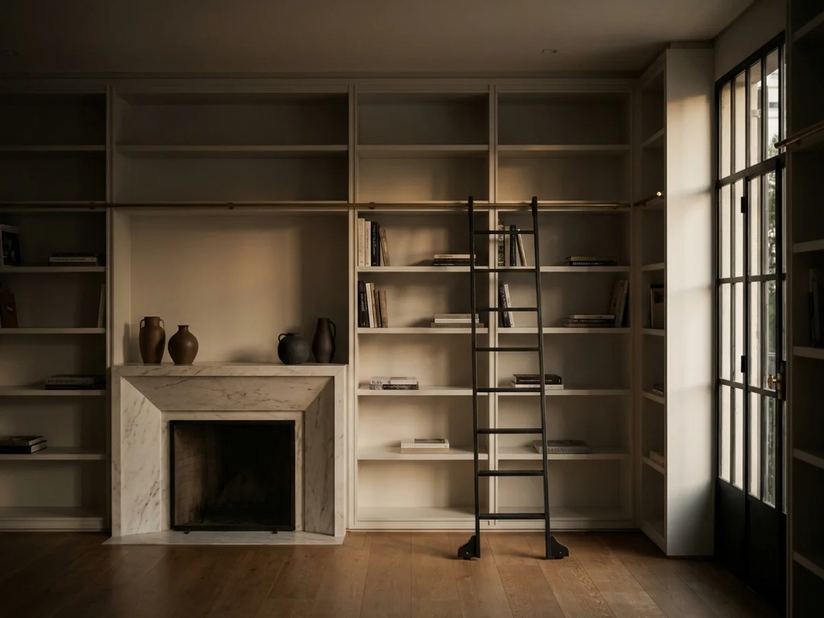 Biblioteca com escada de trilho em apartamento de Higienópolis