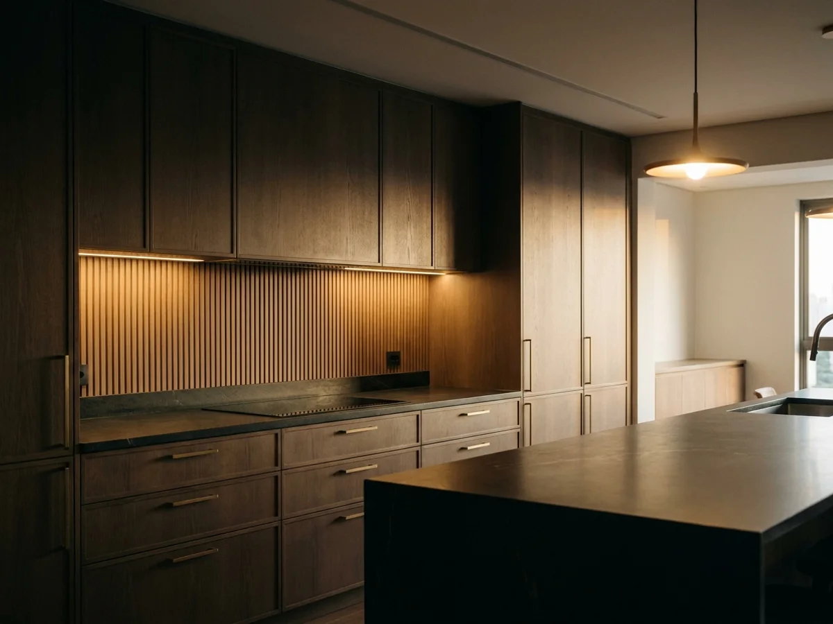 Cozinha integrada com painel ripado e coifa embutida na marcenaria