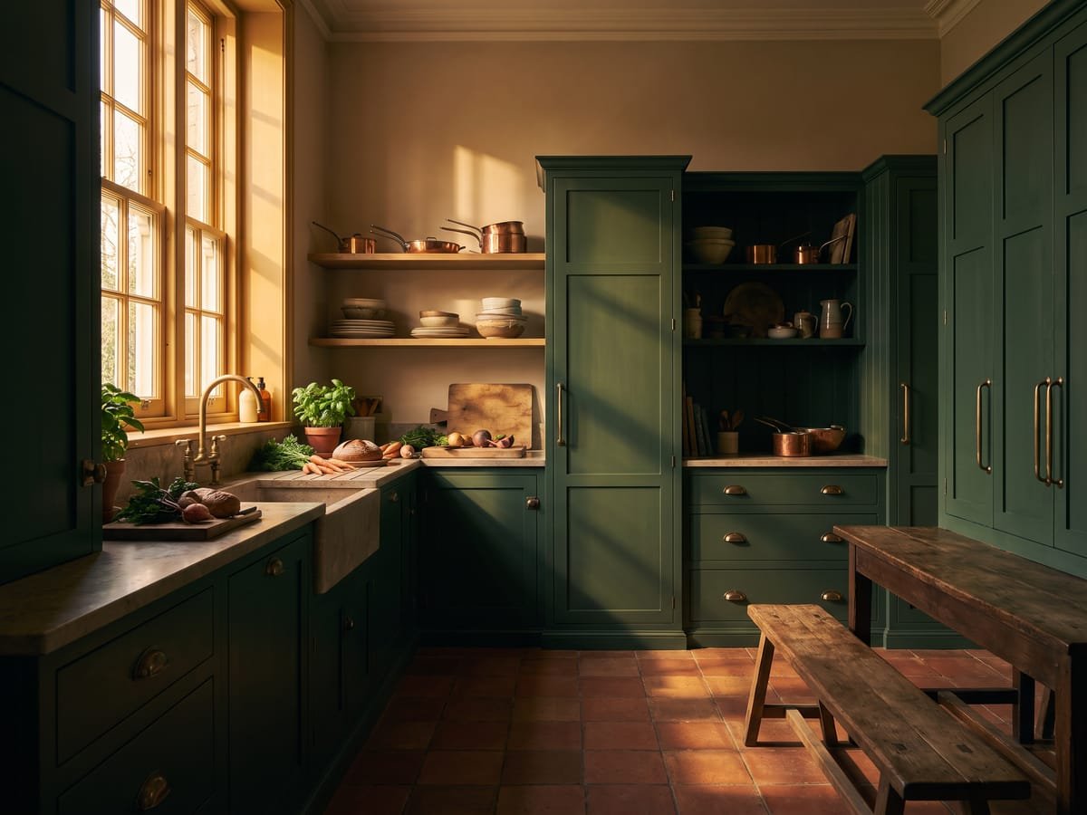 Cozinha de casa antiga, com armários indo até o teto alto