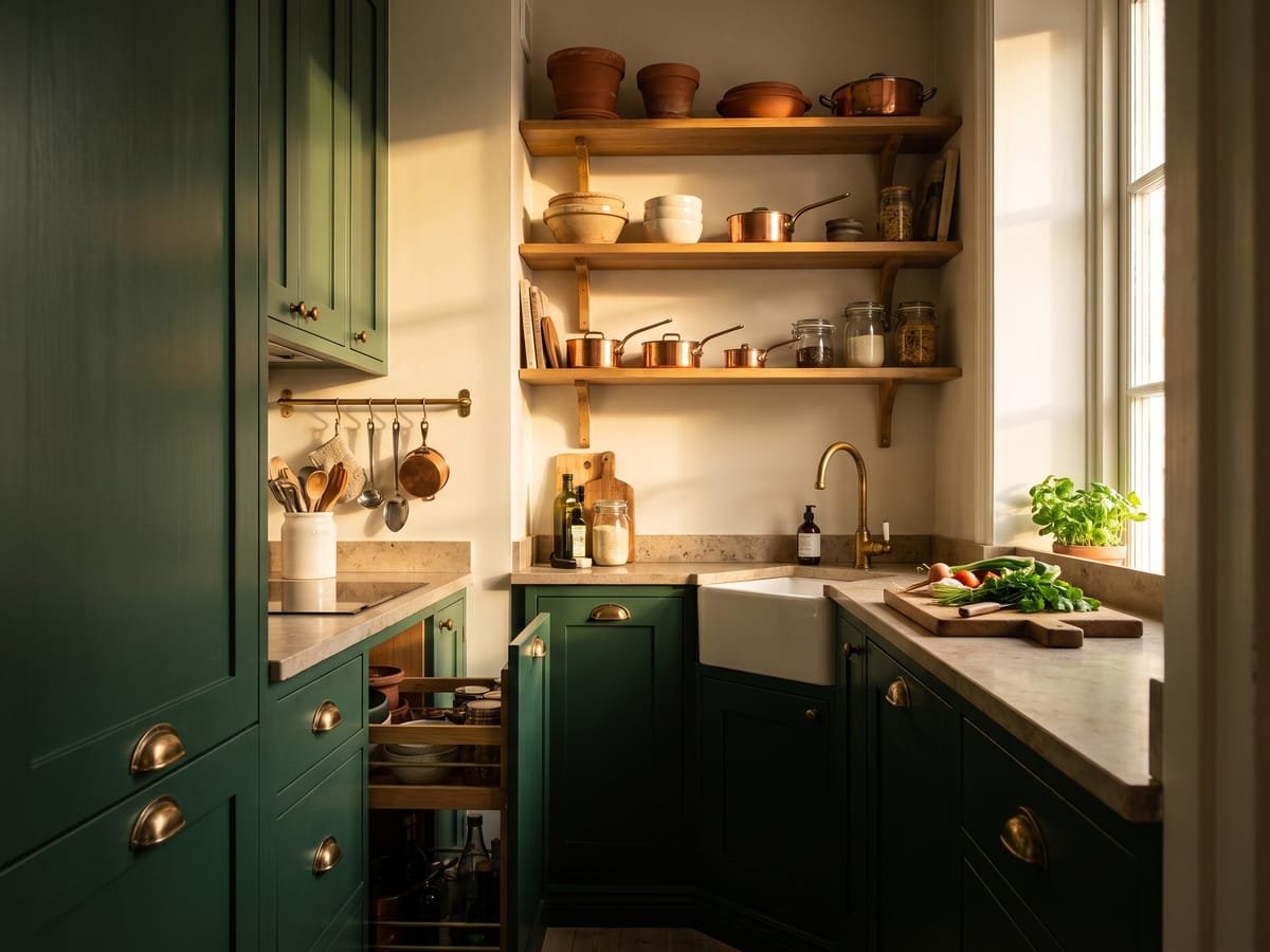 Cozinha compacta de apartamento, de 5,5 m², com bancada preservada